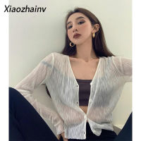 Xiaozhainv เสื้อเชิ้ตผู้หญิง,เสื้อกันแดดแขนยาวคอวีผ้าชีฟองบางสไตล์เกาหลี