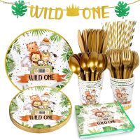 ♦ Jungle Animal Tableware Paper Cups Plates For Kids 1st Wild One Birthday Party Decorations