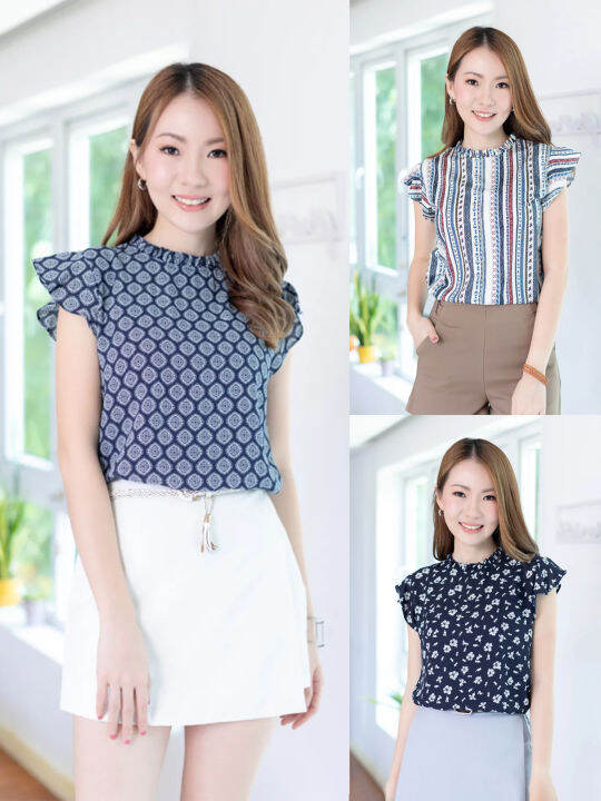 narinari-mt2711-ruff-collar-frill-sleeve-blouse-เสื้อแขนกุดแต่งระบายแขน