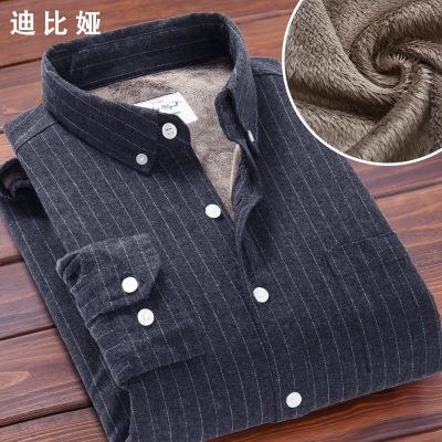 ZZOOI Winter Fleece-Lined Thickened Thermal Shirt Mens Youth Long Sleeve Retro Brushed Casual Gray Striped Shirt Velvet