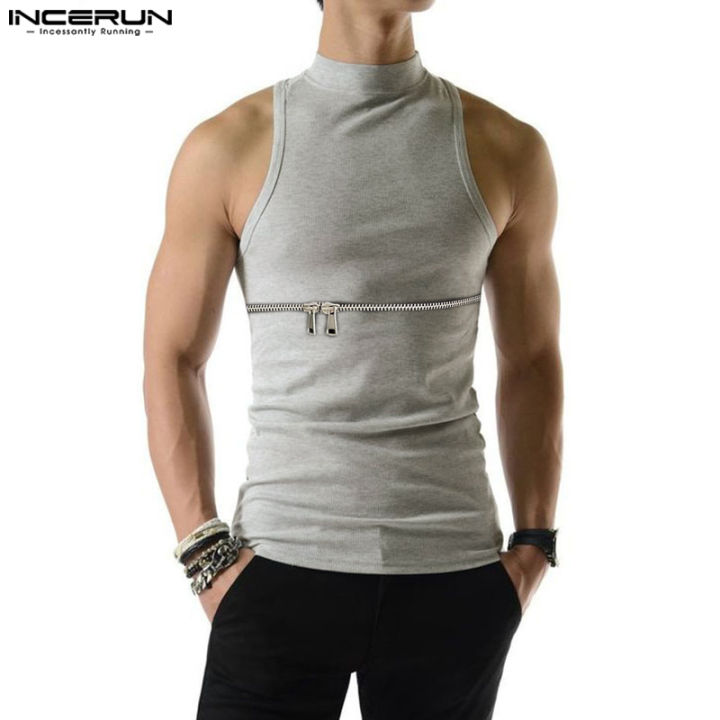 incerun-เสื้อมีซิปแขนกุดแนวพังค์สำหรับผู้ชายเสื้อเบลาส์แนวฮิปฮอปสำหรับปาร์ตี้เสื้อยืดคอกลมเสื้อแขนกุด