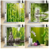 Bamboo Shower Curtain Zen Stone Green Plants Flowers Purple Orchid Scenery Bathroom Decor Polyester Cloth Hanging Curtain Sets