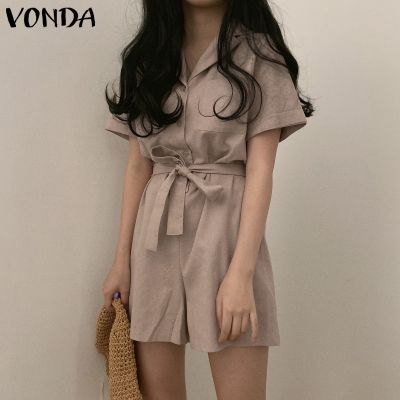 Vonda ชุดจั๊มสูทแขนสั้นลําลอง คอปก แต่งกระดุม สไตล์เกาหลี สําหรับผู้หญิง