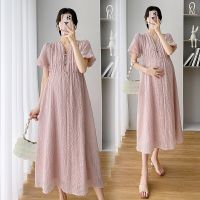 8237# 2022 Summer Korean Fashion Maternity Long Dress Elegant A Line Loose Clothes for Pregnant Women Ins Pregnancy Postpartum