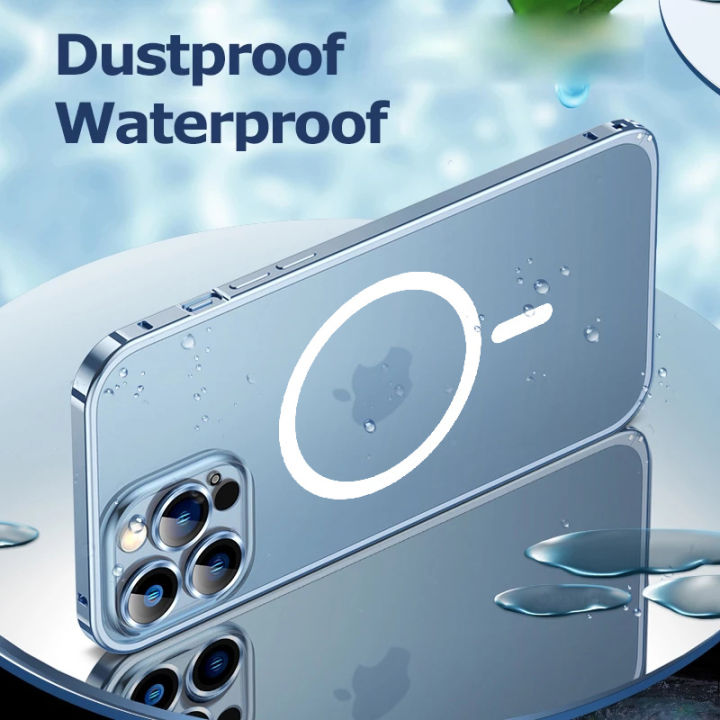 เคสป้องกันฟิล์มกระจกติดเลนส์-hd-กรอบโลหะสุดหรูสำหรับ-iphone-14-pro-max-13-12-pro-frosted-pc-เคสกันกระแทกรองรับชาร์จไร้สาย-magsafe