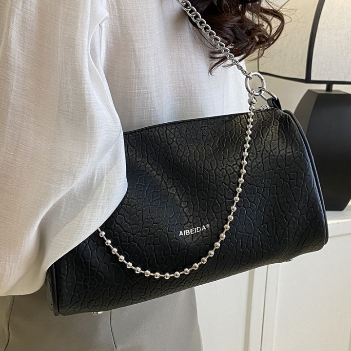 กระเป๋าสะพายพาดลำตัวสำหรับผู้หญิงทำจากหนัง-pu-กระเป๋าและกระเป๋าถือเนื้อละเอียดกระเป๋าสะพายสีดำโซ่ของผู้หญิง