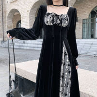 Velvet Womens Dress Spring Dress 2022 Black Patchwork Side Cut Dress Ladies Elegant Skirt Fashion Rose Flower Tunics Y2k