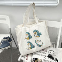 Shark Cat Kawaii Shopping Bag Woman Fashion Casual Shopper Folding Canvas Tote Travel Bag Handbags Ulzzang Ins Printed Shoulder