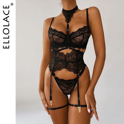 【YF】๑☎◄  Ellolace Seamless Halter Panty Set Garter Thongs 6-Piece See Through Erotic Intimate