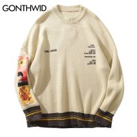 Gothwid Van Gogh Sweter Rajut Pulover Patchwork Lengan 2022 Sweter Rajut Crewneck Bordir ฮิปฮอป Pria Atasan Streetwear