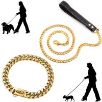 18K Golden Dogs Leash with Collar Suit Cuban Link Chain Stainless Steel Pet Dog Safety Leash with PU Leather Handle for Dog Lead Leashes