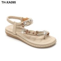 ?▣ size womens shoes sandals retro rhinestone beaded round toe flat tendon soft