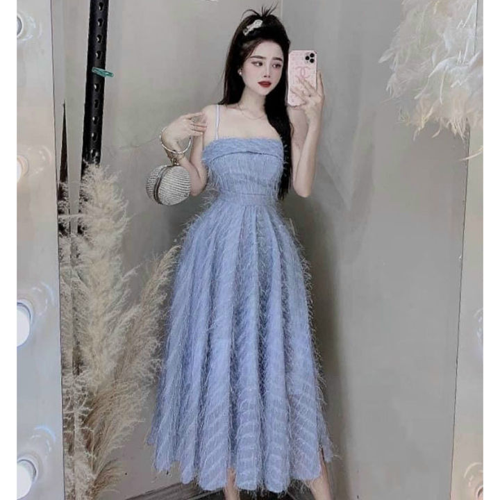 HCM] Đầm Xòe Dài Lông Vũ 2 Dây Xếp Ly Eo ( Có Mút Ngực) L-G Store
