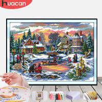 HUACAN Embroidery Christmas Scenery Needlework Sets For Full Kits White Canvas DIY Cross Stitch Winter Gift Home Decor 14CT