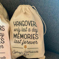 Custom set of 10 Bachelorette or Birthday Party Survival Kit Bags - Hangovers Only Last a Day, Memories Last Forever Wine Glass