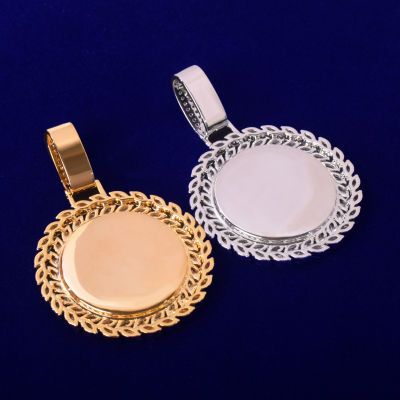 Solid Round Memory Picture Necklace &amp; Pendant Solid Back Micro Pave Charm Mens Hip hop Rock Jewelry