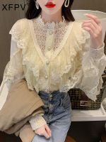 XFPV 2023 New Autumn Summer Fashion Lace Stitching Bottoming Long Sleeve Loose Chiffon Shirt Blouse Women SM2278