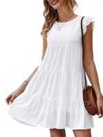 California Lace Dress Summer Casual V Loose Color Solid Dresses Lace Fly Neck Sleeve Eyelet