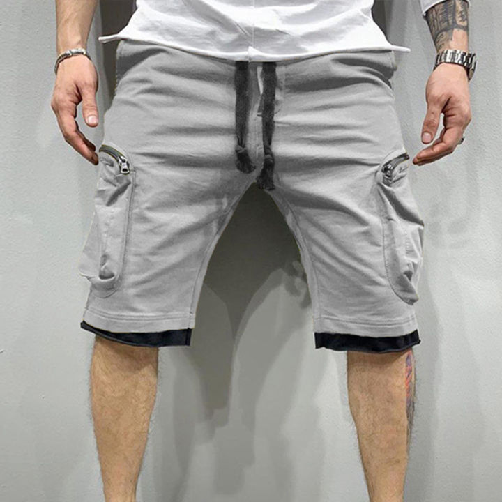 กางเกงขาสั้นฮิปฮอปเอวยางยืดปะติดสำหรับผู้ชาย-กางเกงคาร์โก้ลำลองแฟชั่นฤดูร้อนมีซิปกระเป๋าความจุขนาดใหญ่