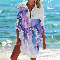 FN946N Women Fashion Bohemian Long Blouse Sea World Starfish Print Blouse Casual Blusa Button Up Office Shirt Sunscreen Blouse