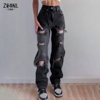 【YD】 Ripped Waist Jeans for women y2k Fashion Straight Denim Trousers Streetwear Hole Hip Hop Pant jeans