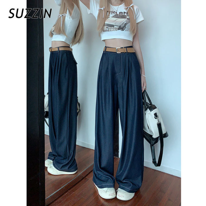 suzzin-สีทึบหลวมแบบเรียบง่ายและมีกางเกงลำลองประดับผ้าม่านแบบบางสำหรับผู้หญิง