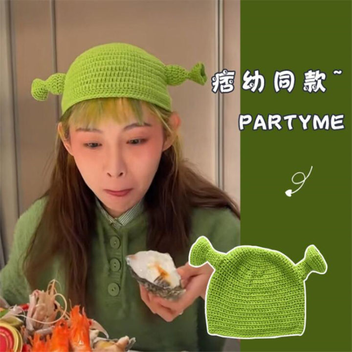 cod-หมวกแบบเดียวกันกับเด็กหมวกถักสีเขียวเด็กมอนสเตอร์เชร็คหมวกแดงออนไลน์หมวกขนสัตว์ทำด้วยมือสำหรับเด็ก