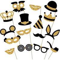 16pcs Crown New Year Photo Booth Props 2023 Black Gold Hat Beard New Year Eve Party Photo Props Decorations Supplies Rops TV Remote Controllers