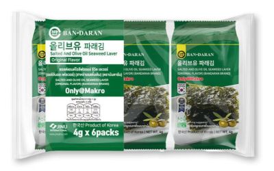 "ส่งฟรี มีเก็บปลายทาง" บันดารัน สาหร่ายน้ำมันมะกอก 4 กรัม x 6 ชิ้น | Ban-Daran Korean Salted Seaweed Laver - Original Olive 4g. X 6 pack