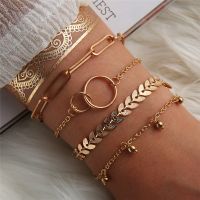 【hot】☁✟  Punk Leaves Beads Set for Boho Thick Gold Color Bangles Fashion Jewelry