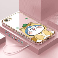 เคสเคสโทรศัพท์สำหรับ OPPO A59 OPPO F1S VIVO V19ฟรีสายคล้อง + การ์ตูนโดราเอมอนน่ารักปลอกชุบขอบสี่เหลี่ยมเคสโทรศัพท์ชุบหรูหราเคสโทรศัพท์นิ่ม