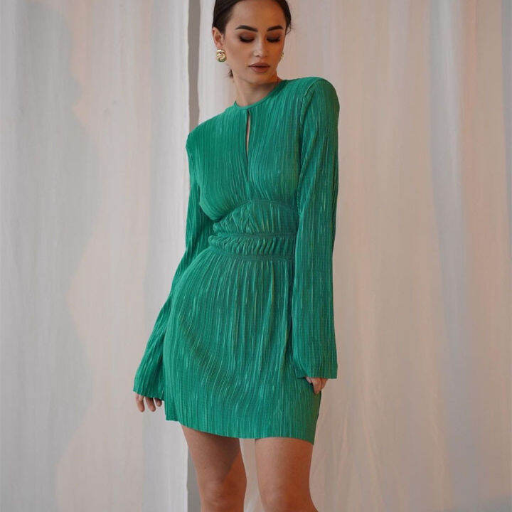 y-slim-round-neck-hollow-long-sleeved-dress-female-elegant-commuter-pleated-willon-green-dress-spring-and-autumn-spanish-girl