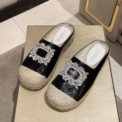 Baotou fisherman slippers female new summer 2023 square buckle diamond flat a leather loafers small sweet wind slippers