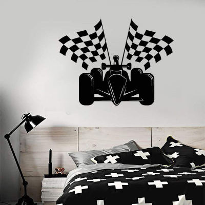 【SALE】 nancarenko1977 Auto Racing Formula 1 Car Racing Flags สติ๊กเกอร์ติดผนัง Home Decor ไวนิล Racing Theme สติ๊กเกอร์ติดผนังสำหรับห้องเด็ก Boys BedroomZW371