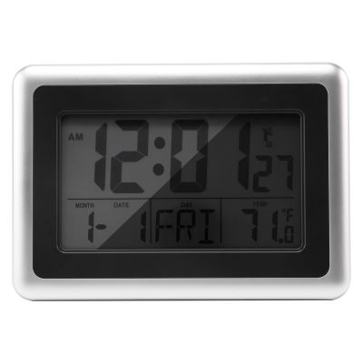 Atomic Digital Wall Clock, Large Lcd Display, Battery Operated, Indoor Temperature, Calendar, Table Standing, Snooze Without Back Light (Silver)