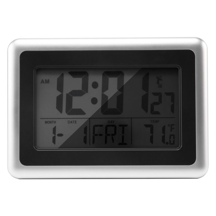 atomic-digital-wall-clock-large-lcd-display-battery-operated-indoor-temperature-calendar-table-standing-snooze-without-back-light-silver