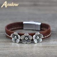 Anslow Brand Fashion Jewelry Trendy Retro Vintage Flower Lucky Leather Bracelet For Women Men Friendship Couples Gift LOW0695LB Charms and Charm Brac