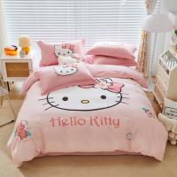 {ความคิดสร้างสรรค์ของตกแต่งบ้าน} ผ้าฝ้ายบริสุทธิ์ชุดเครื่องนอน Sanrio Hello Kitty ชุดสี่ชิ้นเตียงคู่ปลอกผ้านวมปลอกหมอนขนาดควีนไซส์ผ้าปูที่นอนลายเรียบสิ่งทอในบ้าน