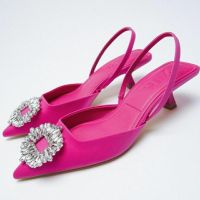 2022 Summer ZARAˉ New Pink Bright Rhinestone Pointed Head Temperament Bridesmaid Thin Heel High Heel Sandals Female