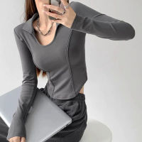 Lucyever U-Neck เสื้อแขนยาวผู้หญิงเซ็กซี่ Skinny Slim Fit Cropped Tops ผู้หญิง2023ฤดูใบไม้ผลิฤดูร้อน Basic สีเทาเสื้อยืดสีขาว