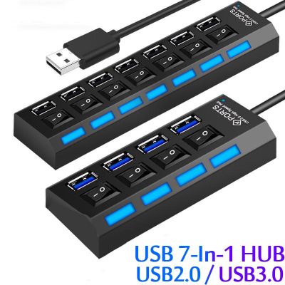 USB ฮับ USB 2.0ฮับยูเอสบี2.0ที่พ้วง USB ฮับแยก USB ใช้อะแดปเตอร์4/7พอร์ตตัวขยายหลาย USB ฮับ3.0พร้อมสวิตช์สาย30ซม.