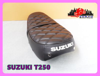SUZUKI T250 DOUBLE SEAT COMPLETE "BLACK" with "BLACK" STITCHING "DIAMOND" PATTERN and "CHROME" PIN // เบาะรถมอเตอร์ไซค์ สีดำ ลายข้าวหลามตัด มีหมุด