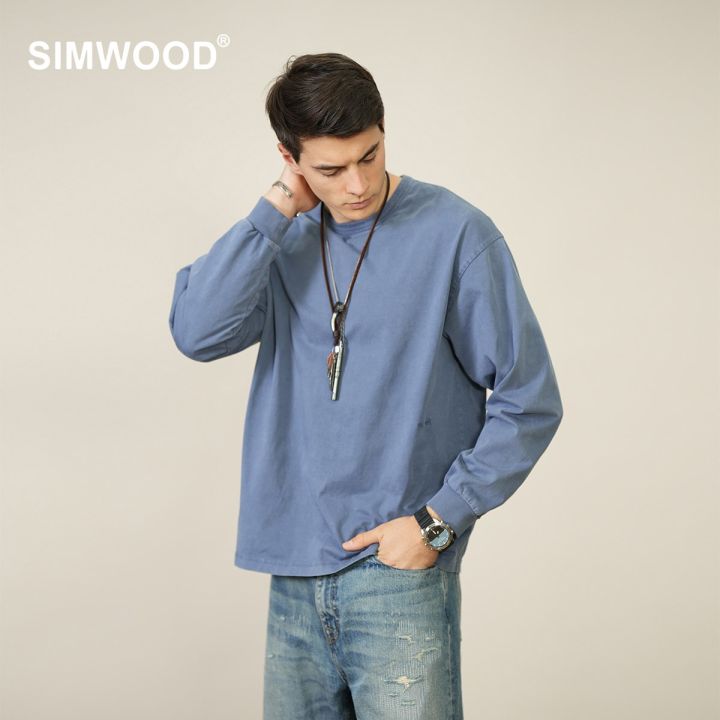 เสื้อยืด2023-simwood-musim-luruh-sejuk-baru-gelap-dimasuh-vintaj-lengan-panjang-lelaki-100-kapas-a-longgar-logo-sulaman