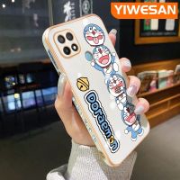 YIWESAN เคสสำหรับ OPPO A15 A15s A35 4G,เคสนิ่มบางลายการ์ตูนโดราเอมอนหรูหรามีลวดลายขอบสี่เหลี่ยมเคสมือถือชุบโลหะกันกระแทกคลุมทั้งหมดเคสป้องกันเลนส์กล้อง