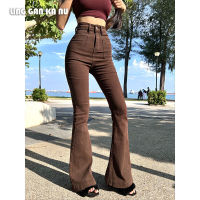 LING GAN KA NU Women S Denim Flared Pants สไตล์เกาหลี High Elastic High Waist Slim Brown Trousers