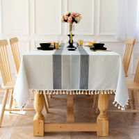 Nordic Christmas Party Tablecloth Grey Striped Upscale Cotton Linen Stitching Tassel Rectangular Table cloth Ho Table Cover