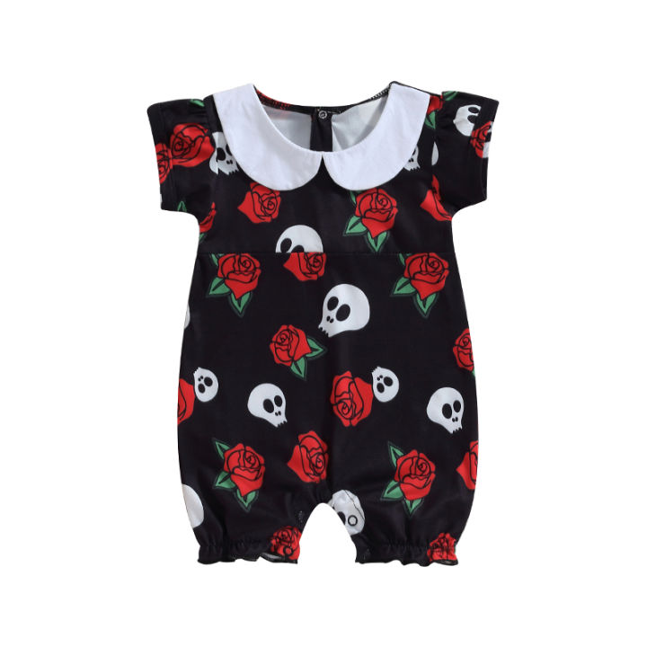 0-18เดือนจั๊มสูทสำหรับเด็กผู้หญิงทารกเสื้อแขนสั้นคอตุ๊กตาดอกไม้กะโหลกรอมเปอร์พิมพ์ลายเสื้อผ้าฮาโลวีน