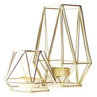 Set of 2 Gold Geometric Metal Tealight Candle Holders for Living Room Bathroom Decorations - Centerpieces for Wedding Dining