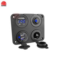 Pengisi Daya Mobil Port USB Ganda Panel Sakelar LED 4 In 1 Voltmeter LED 12-24V Soket Daya Sakelar On-Off untuk Mobil Perahu Laut