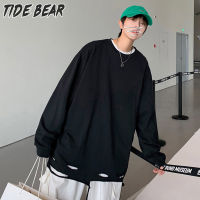 TIDE BEAR เสื้อยืดแขนยาวผู้ชายเสื้อกล้ามสีขาวตัดขอบผู้ชายเทรนด์สูงเสื้อกีฬาแขนยาวใส่เดินถนนหลวมใต้แขนยาว